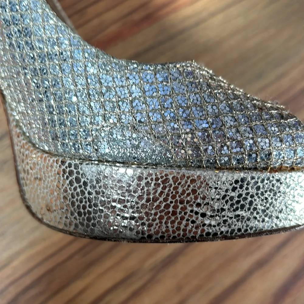 Jimmy Choo Peep Toe Luna Platform Pumps Heels Glitter Fabric Champagne 38/ 7.5 - Picture 5 of 14